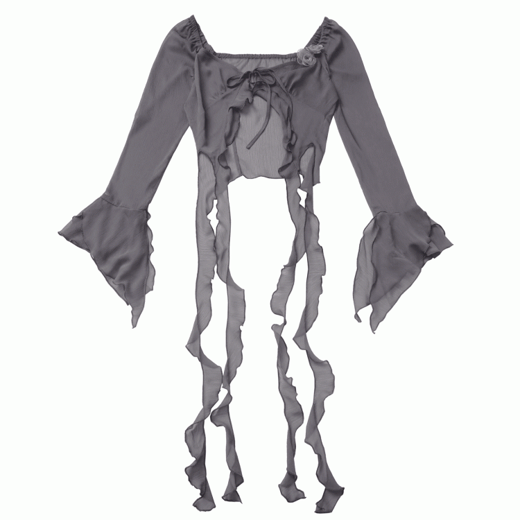 カスケードフリルアクセントのチャイナドレス、花柄ブローチ付きシフォントップス、グレー