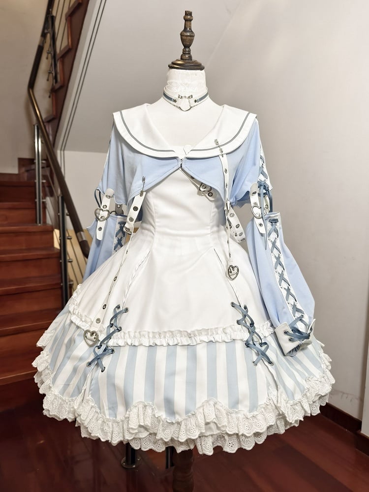 Kitty Light Bow Kaiwai Set Blaues JSK-Kleid Kurz geschnittenes Tenshi Lolita Sailor Striped Big Top Muster Ohren + - Kragen