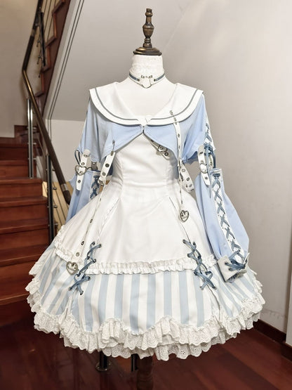 Kitty Light Bow Kaiwai Set Blaues JSK-Kleid Kurz geschnittenes Tenshi Lolita Sailor Striped Big Top Muster Ohren + - Kragen