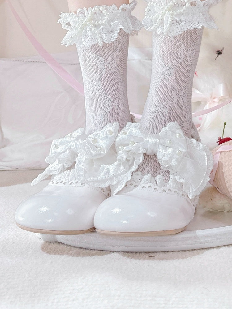 in Bow Sweet with Lace-Trimmed Mid Strap White Beaded Clasp Lolita Heart Heels