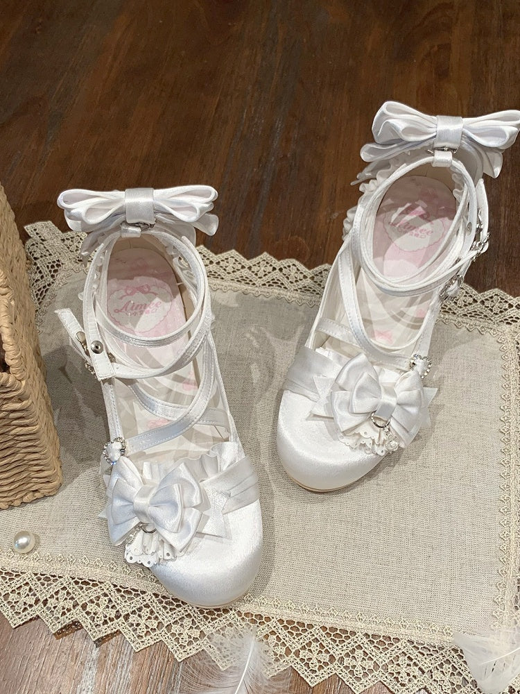 Satin Black-White Butterfly Knot Lolita Heels with Heart Buckle