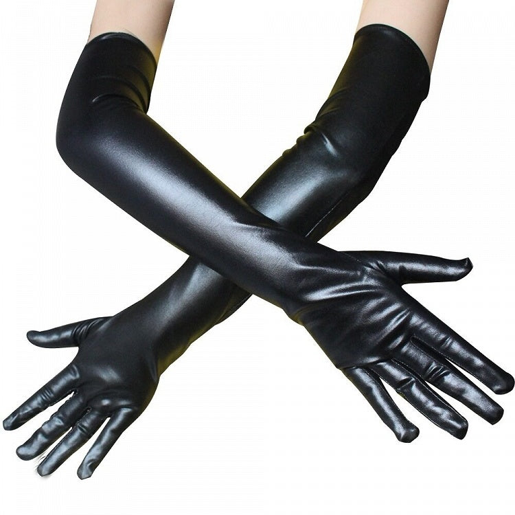 Black/White PU Gloves Long