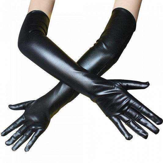 Black/White PU Gloves Long