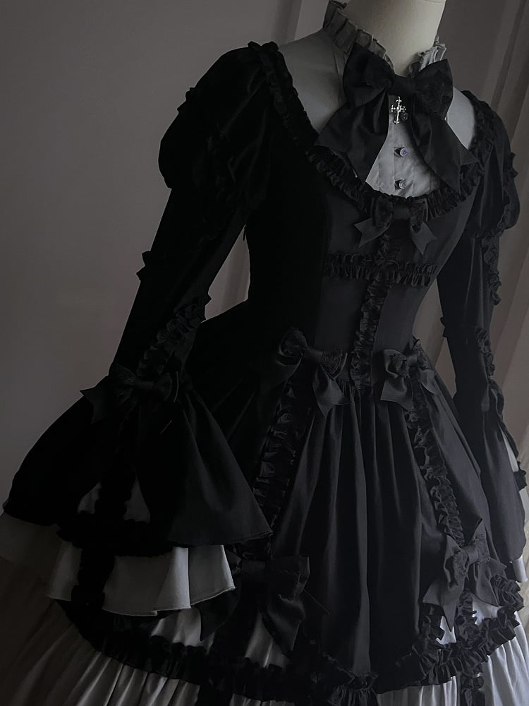Lolita Gray Sleeves with Bell Black Dress Ruffled Gothic