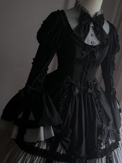 Lolita Gray Sleeves with Bell Black Dress Ruffled Gothic