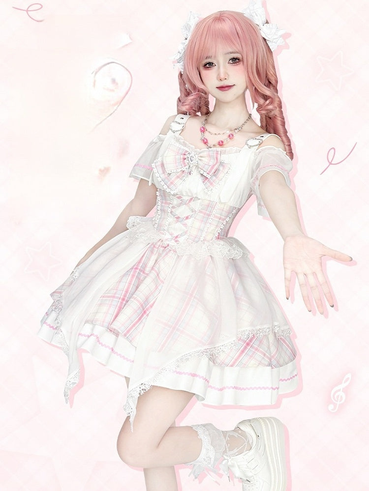 with Off-the-shoulder Pink Skirt Neckline Sweet Bowtie Lolita Jumper Free Idol Plaid
