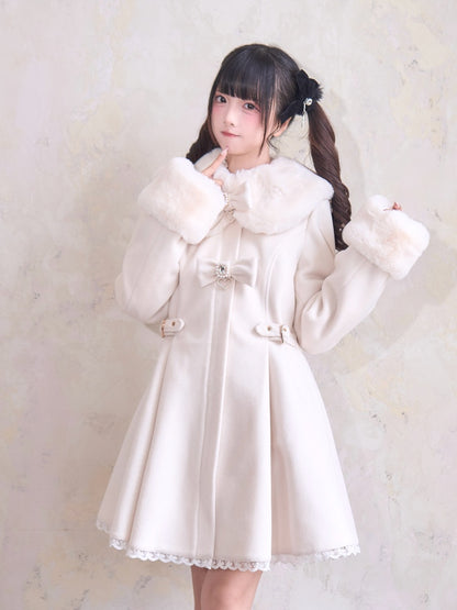 Cuffs and Beige Coat Rhinestones Lace Trim Jirai Kei Plush Bowknots Collar