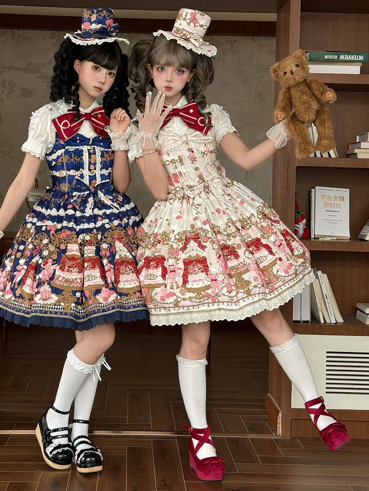 Bear Sweet Trim JSK Details Bow Dress Lace Cake Print Lolita Beige with and