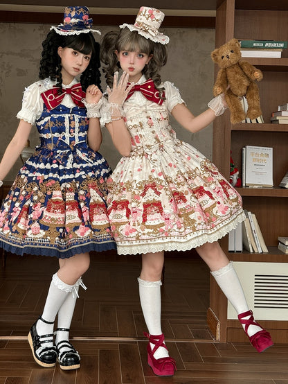 Bear Sweet Trim JSK Details Bow Dress Lace Cake Print Lolita Beige with and