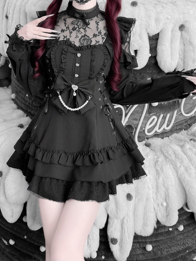 Jirai Kei Black Floral Lace Dress Set with Shorts, Bow Tie, Bead Chain & Hairclips - Jiuniang Cherry