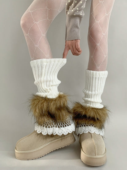 Ribbed Warmers Leg Trimmed Fur Faux Lace