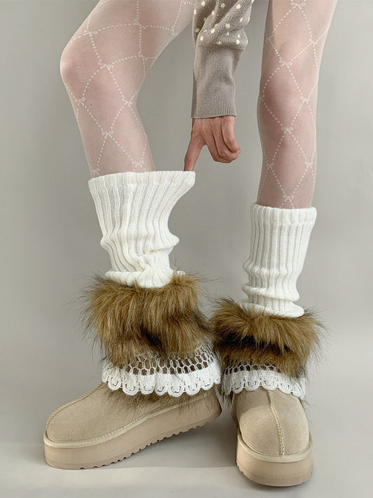 Ribbed Warmers Leg Trimmed Fur Faux Lace
