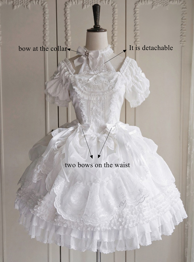 White Top Sleeves Lace Lolita Neckline Puff Details Boned Corset Illusion and Classic with Elegant Embroidery
