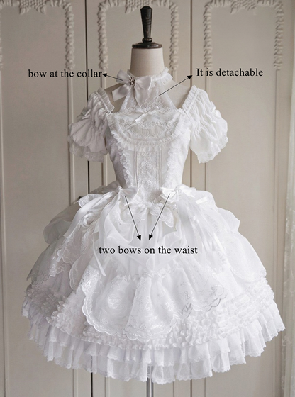 White Top Sleeves Lace Lolita Neckline Puff Details Boned Corset Illusion and Classic with Elegant Embroidery