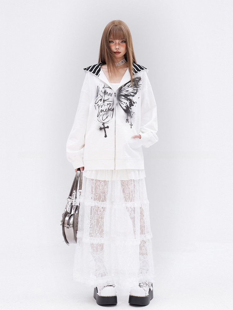 White Butterfly Cross Print Zip Closure Long Sleeves Hoodie
