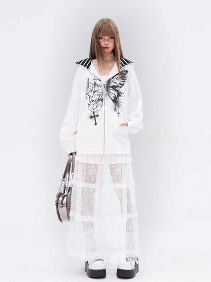 White Butterfly Cross Print Zip Closure Long Sleeves Hoodie