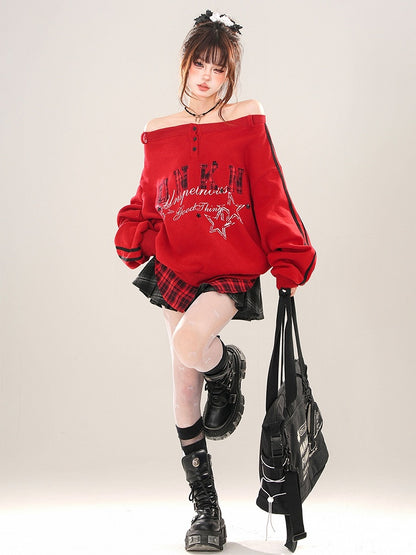 Red Letter Patch Embroidery Off-the-shoulder Neckline Sweatshirt