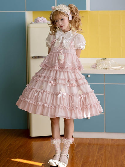 Süßes Lolita-Kleid mit rosa Schleifenakzenten und Rüschenbesatz