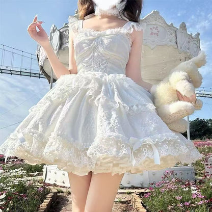 Lolita Sweet Princess Lace JSK Cake Dress – Ballet Bow Suspender Gown