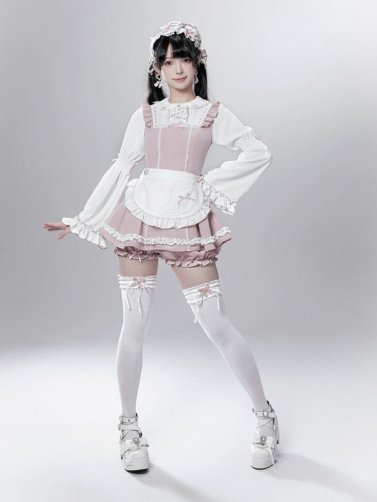 - Baggy Top Jirai Kei Maid-Inspired Black/Pink Three-Piece Set Sleeve