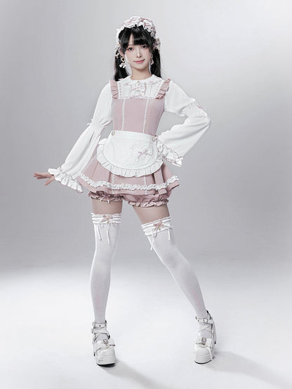 - Baggy Top Jirai Kei Maid-Inspired Black/Pink Three-Piece Set Sleeve