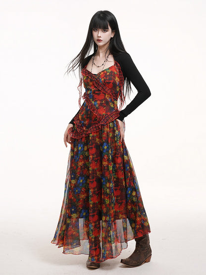 Cascading Dye Straps with Ribbon Red Slip Plaid Floral Dress Ruffles Tie