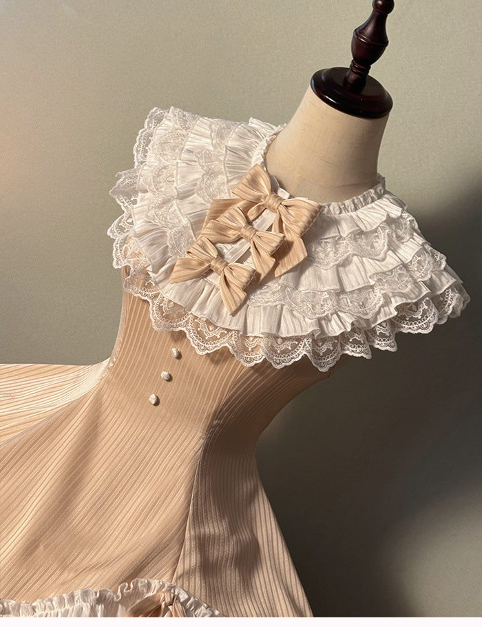 Lolita Fabric Champagne Layered Neck Ruffle Striped Dress Fit Slim Sweet Waist Sleeveless