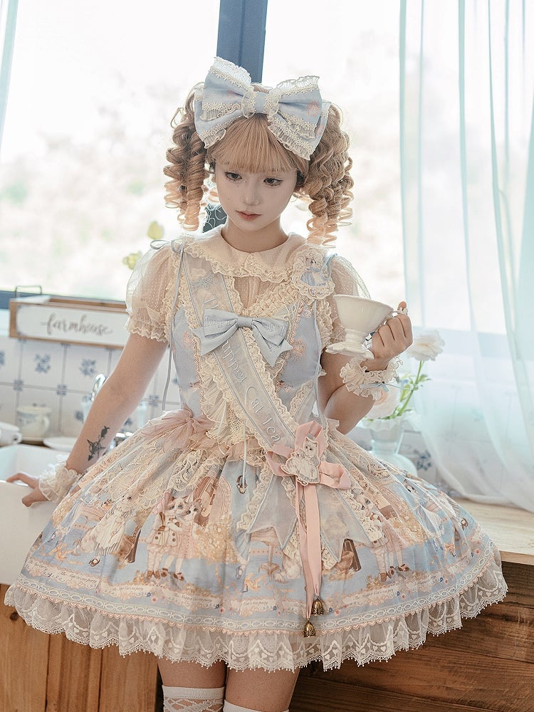 Blaues Lolita-Print-Kätzchen-Korsett, süßes Set, Teeparty-Babykleid, JSK, volles Mieder