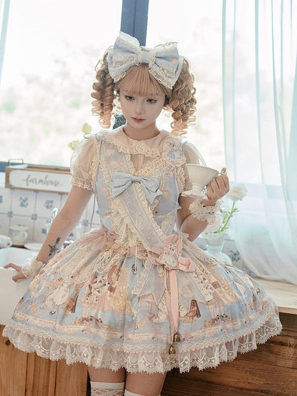Blaues Lolita-Print-Kätzchen-Korsett, süßes Set, Teeparty-Babykleid, JSK, volles Mieder