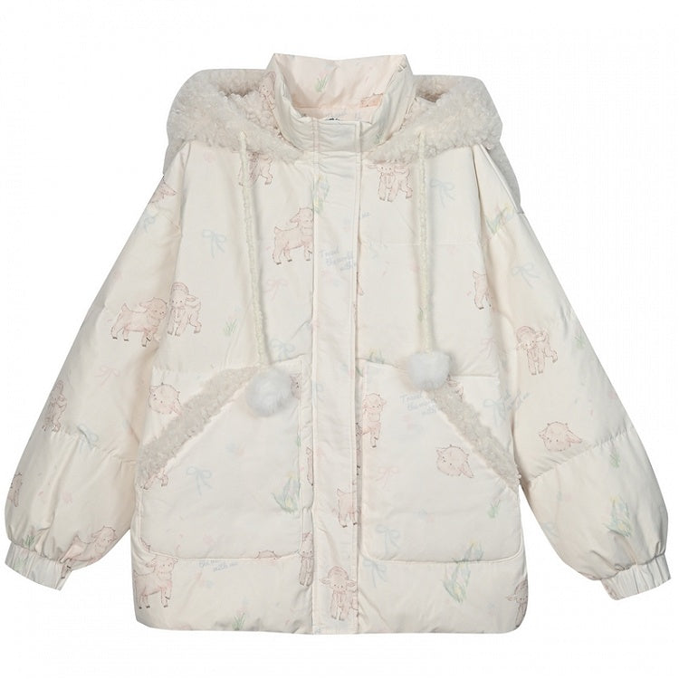 Süße weiße Daunenjacke mit Kapuze und Lamm-Print, kurze/lange Version