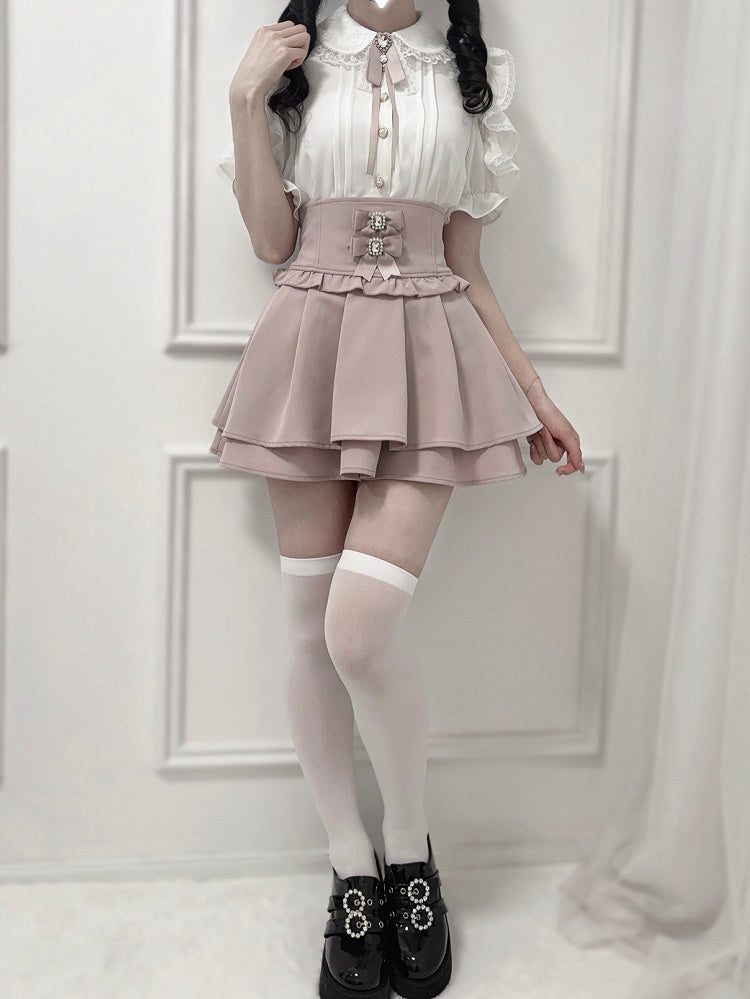 Jirai Peter with Shoulder Collar Bow Kei Blouse Tie Pan Cutout Trim White Lace