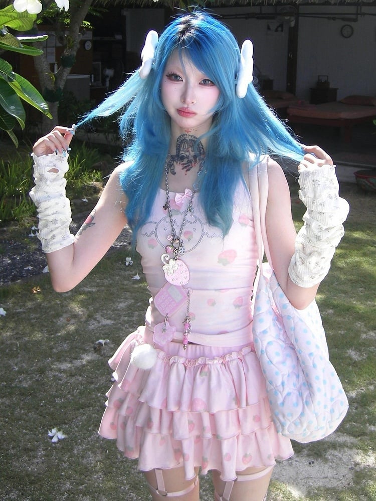 Strawberry Built-in Pink Skirt Tiered Shorts with Print