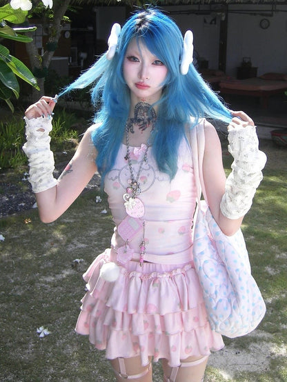 Details Top Strawberry Pink Cami Rhinestone with Print