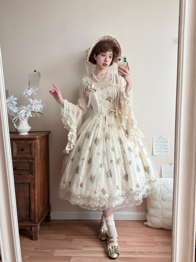 Apricot Floral Embroidered Lace Elegant Classic Lolita JSK Dress With Overlay