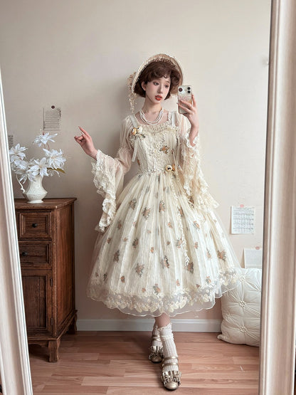 Apricot Floral Embroidered Lace Elegant Classic Lolita JSK Dress With Overlay