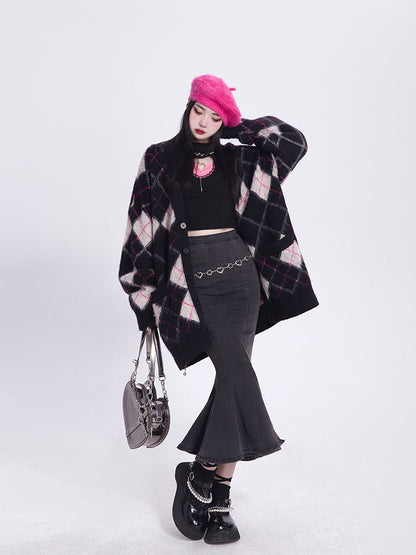 Mink Black Faux Diamond V-Neck Vintage Knit/Brushed Pattern Version Cardigan