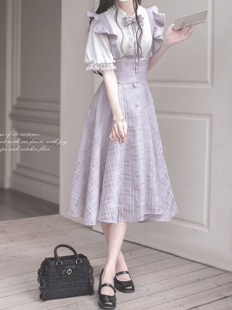 Purple Taro Long Plaid Overall with Version Flutter Sleeves Dress