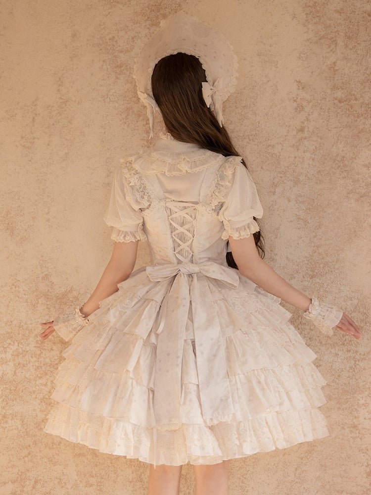 Short Sleeve Lace Blouse with Bead and Bow Accents - NnSTAR