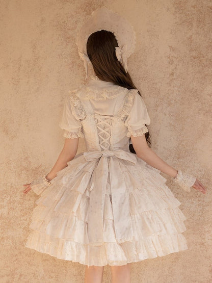 Short Sleeve Lace Blouse with Bead and Bow Accents - NnSTAR