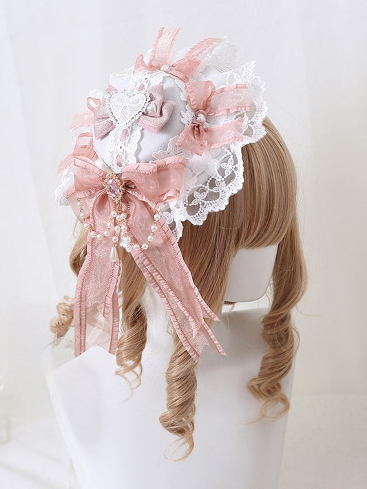 Herz Strass Mini Hut Bowknot und mit Spitze abnehmbare Ketten rosa Perle Lolita Gorgeous