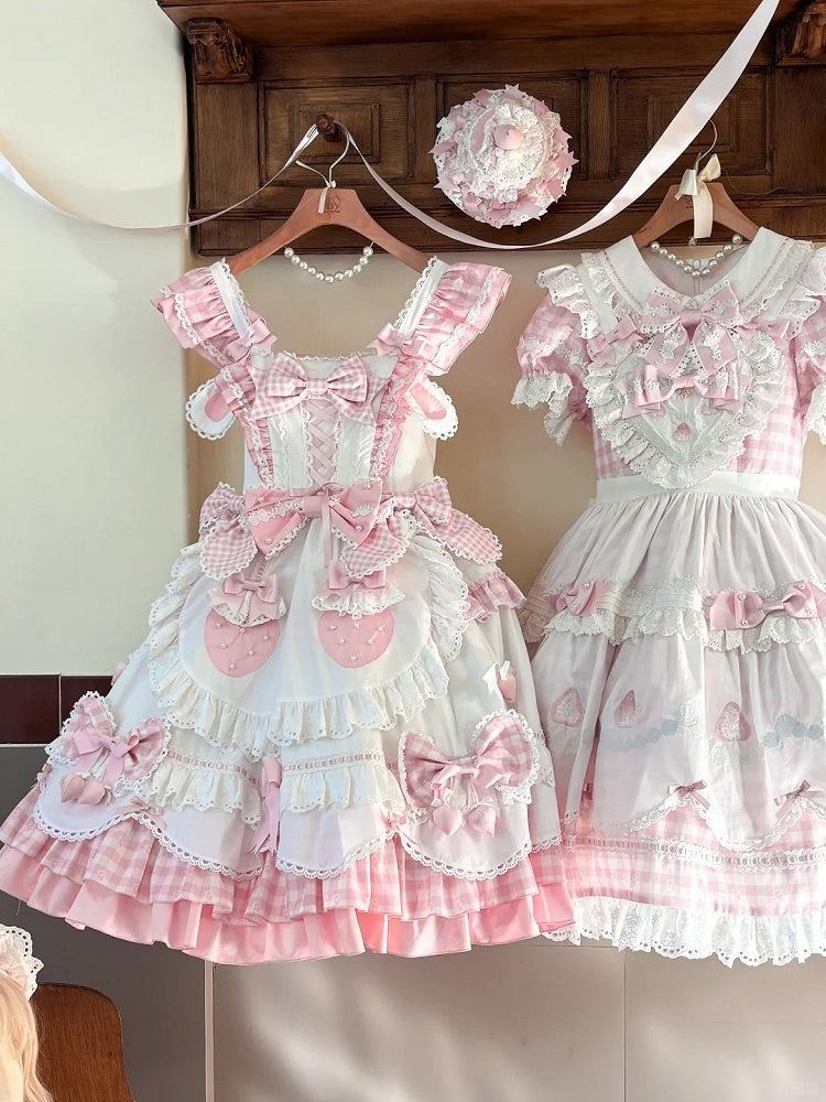 Details Sweet White with Pink Lolita Flutter Bow Dress Gingham Sleeves