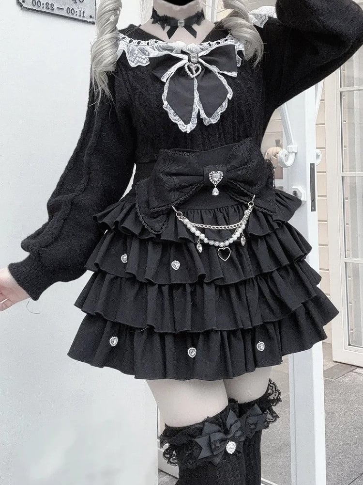 Collar Lace Jirai Kei Trim Sweater Sailor Black
