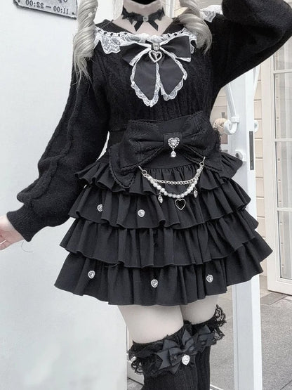 Collar Lace Jirai Kei Trim Sweater Sailor Black