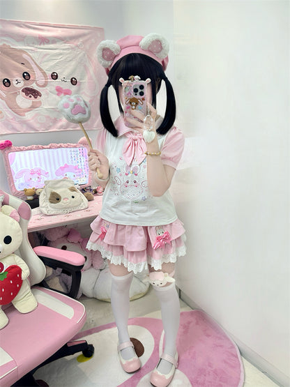 ネクタイTシャツ耳ハートバニーピンクホワイトピーターパンカラーバニー