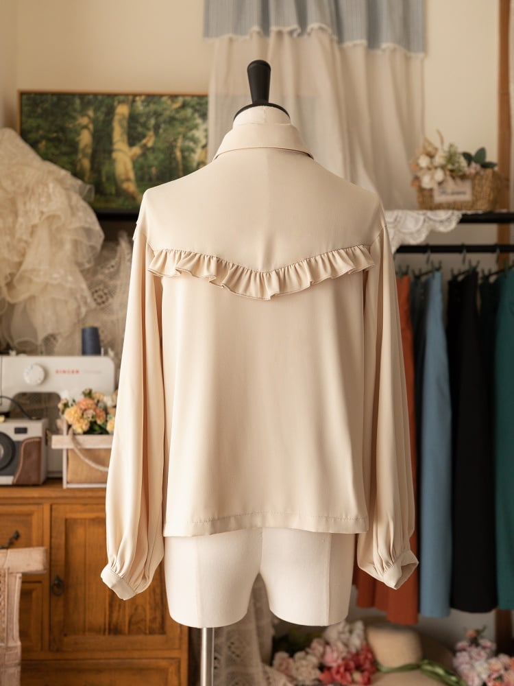 Beige Long Sleeves Ruffle Trim Shirt with Bow Tie