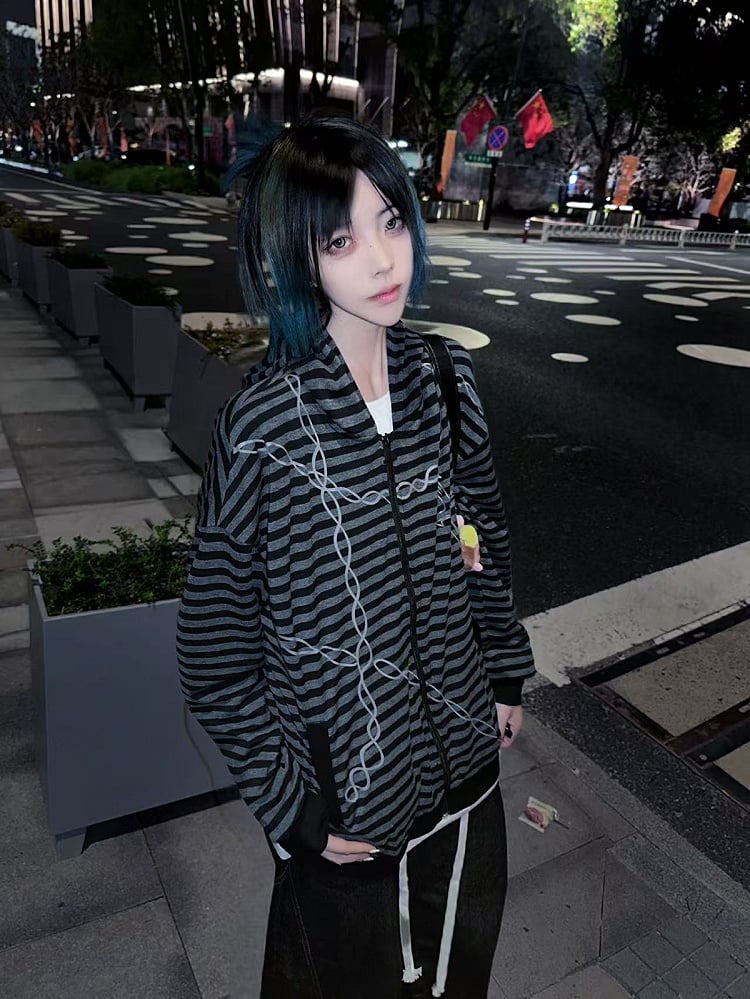 Hooded Cross Black Zip-up for Gray Chain Print Autumn Jacket Stripes with
