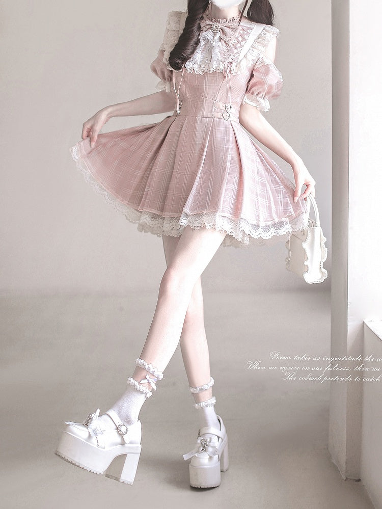 Cutout Neck Kei with Pink Lace Plaid Lace-up Dusty Jirai in Style White Shoulder Dress Details