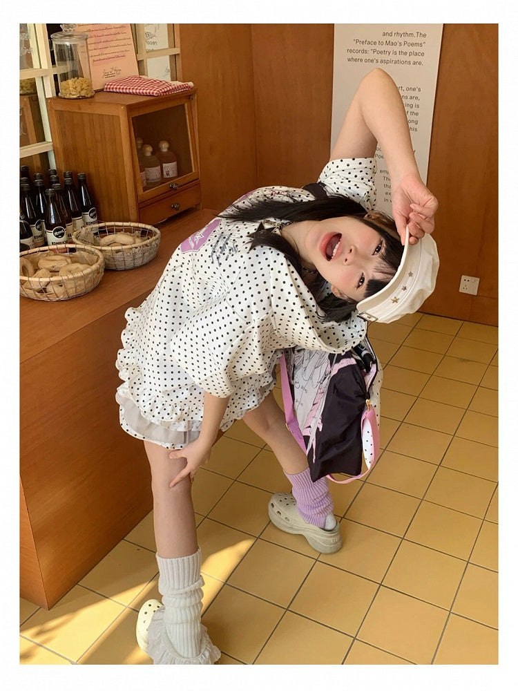 Hoodie Number White Print and with Dots Tiered Ruffles Dress Polka