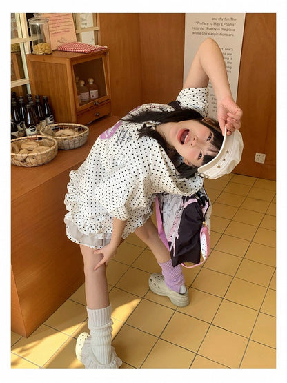 Hoodie Number White Print and with Dots Tiered Ruffles Dress Polka