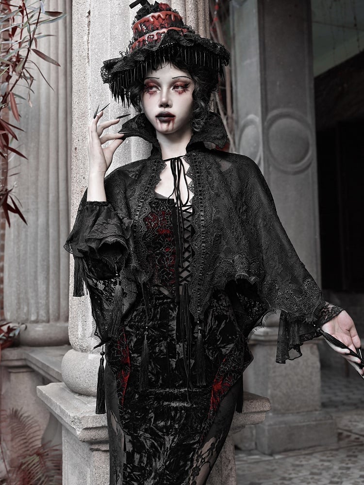 Goth Tassels Hem Lace Vampire Stand Black Collar Cape Shawl